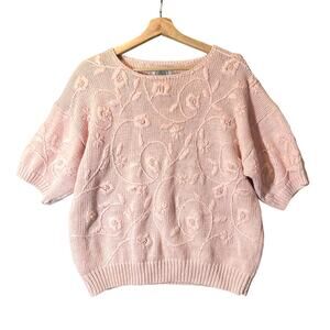 Vintage 80s Cape Isle Knitters 3D Floral Knit Pink Short Sleeve Sweater L M